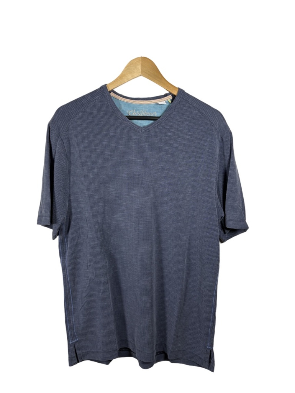 Caribbean Blue Textured V-Neck Shirt Men’s Medium Casual Tee